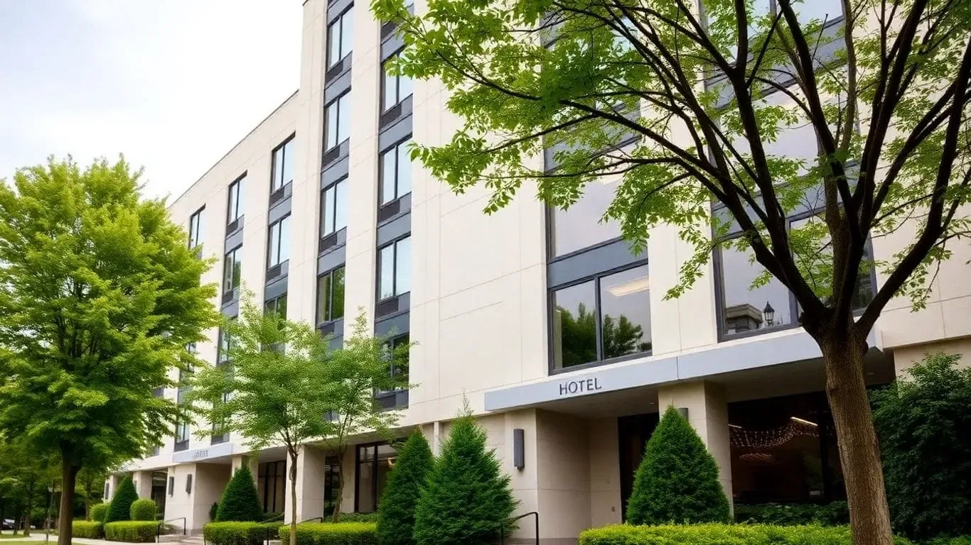 Ein modernes, mehrstöckiges Hotel Frankfurt mit großen Fenstern, umgeben von grünen Bäumen und gepflegten Sträuchern, bietet an einem hellen, teilweise bewölkten Tag eine ruhige Hotelatmosphäre.