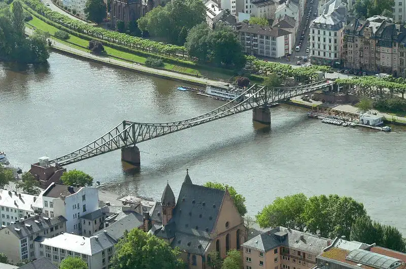 Luftaufnahme eines Flusses, über den die Fußgängerbrücke Eiserner Steg führt. Auf beiden Seiten des Flusses sind Gebäude, Bäume und Grünflächen zu sehen. In der Nähe der Brücke liegt ein Boot angedockt und mehrere Personen sind zu sehen, die auf dem Eisernen Steg spazieren gehen.