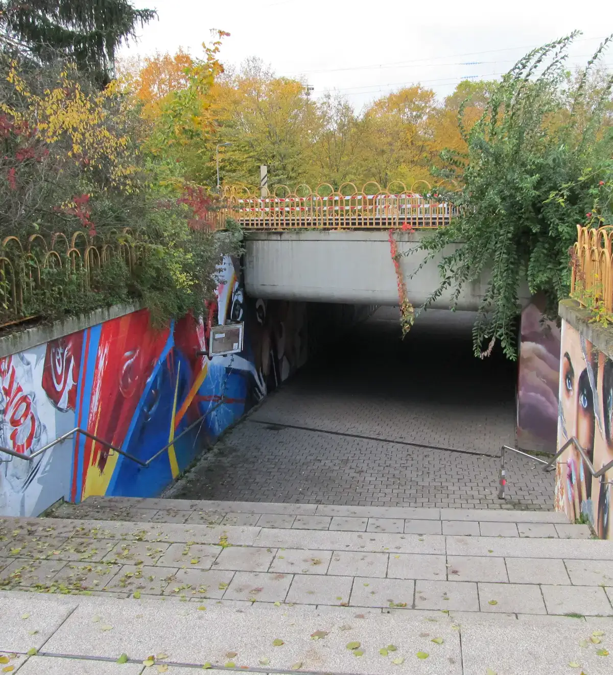 frankfurt-stadtteile-ginnheim Eine Betonunterführung in Ginnheim ist mit lebendiger Graffitikunst an den Wänden geschmückt, die verschiedene bunte Designs und Gesichter zeigt. Um den Eingang herum stehen Bäume mit Herbstlaub. Der Weg zur Unterführung ist von Stufen gesäumt und der Bereich ist mit Laub übersät.