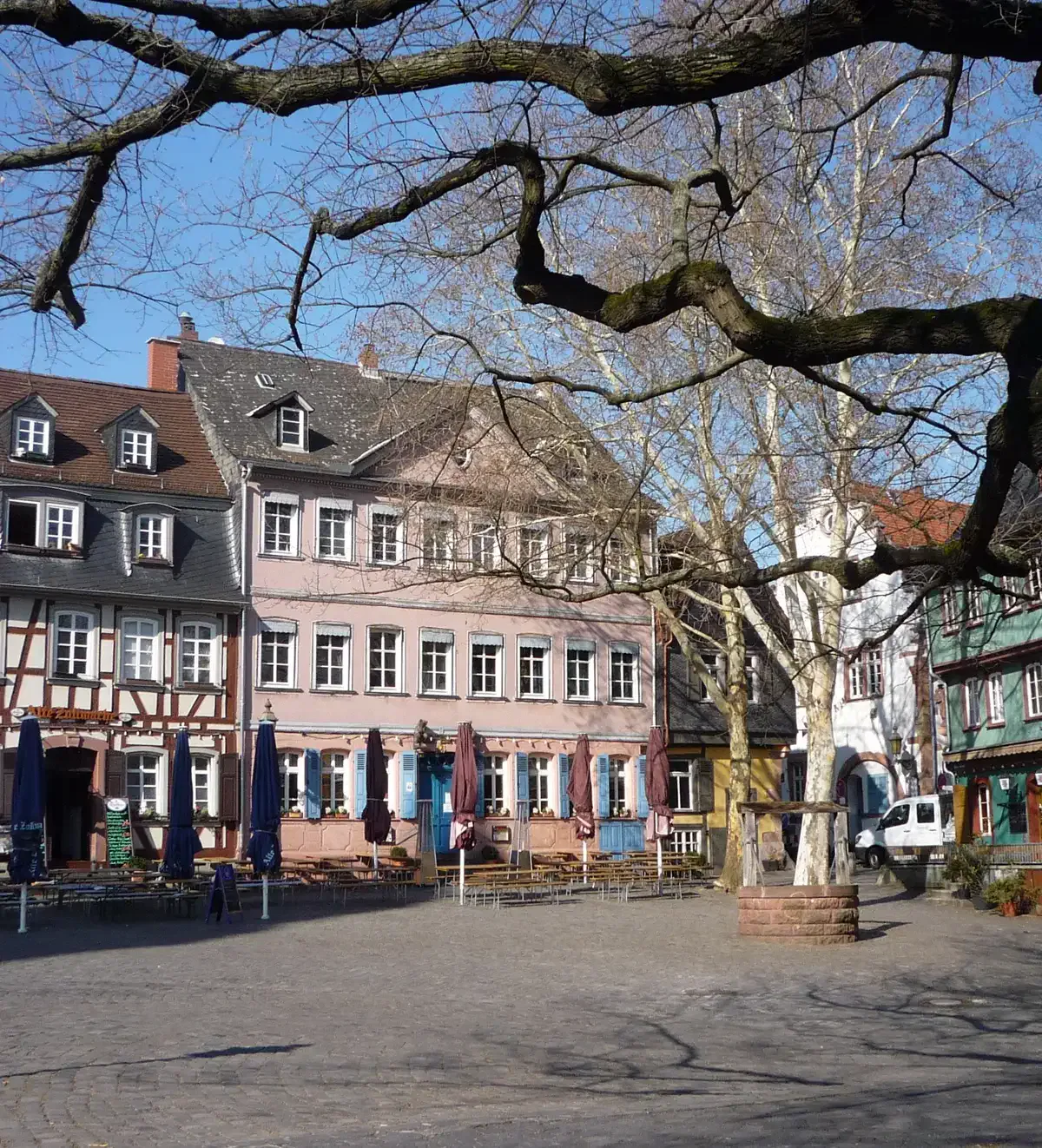 Ein charmanter europäischer Stadtplatz in Höchst mit gepflasterten Straßen, umgeben von historischen Gebäuden mit Fachwerkfassaden. Straßencafés mit aufgeklappten Sonnenschirmen säumen die Straße, und die Äste eines großen blattlosen Baumes erstrecken sich unter einem klaren blauen Himmel über das Bild.