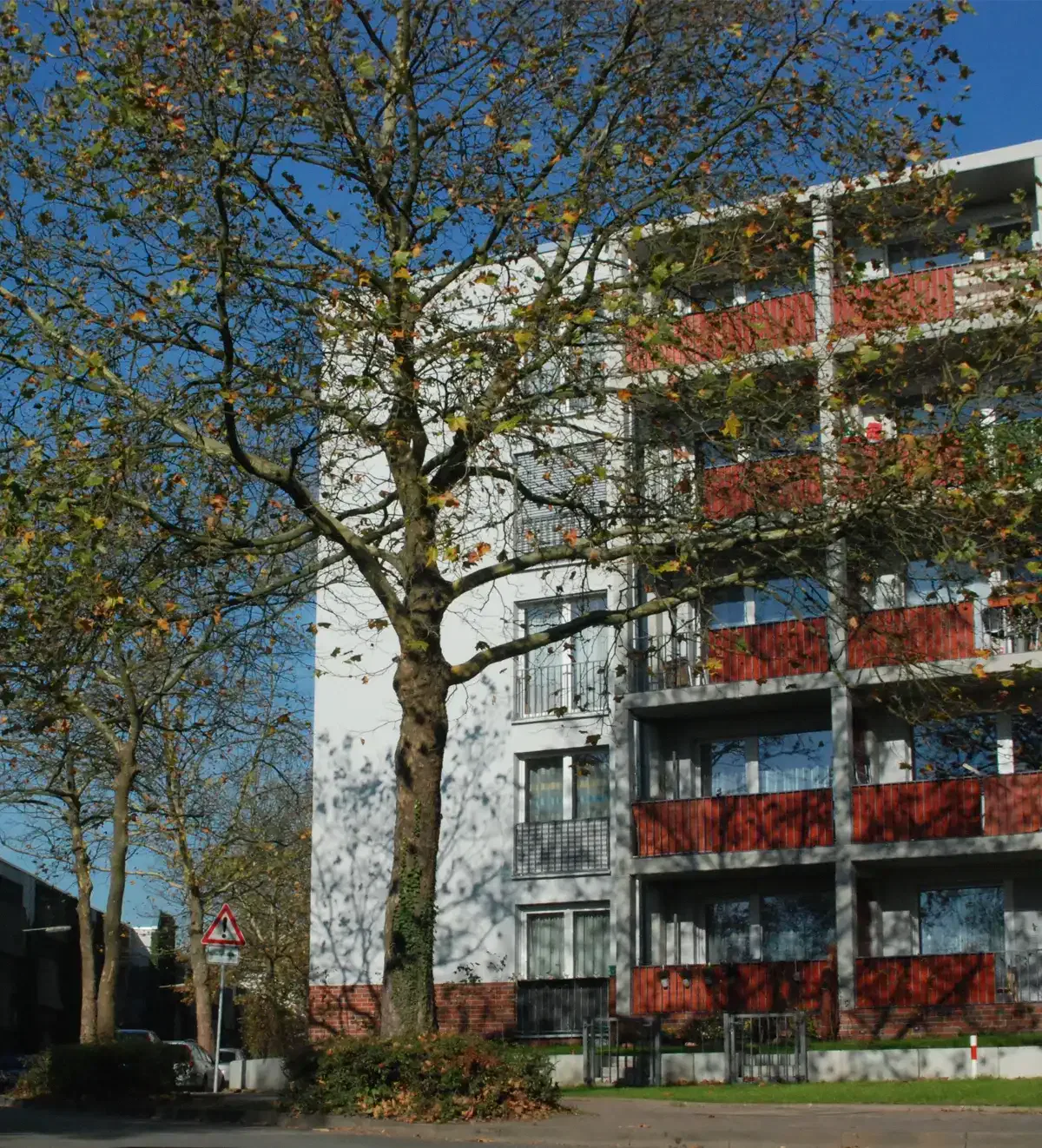 Ein modernes Mehrfamilienhaus mit weiß-roten Außenwänden in Praunheim wird teilweise von einem großen blätterlosen Baum verdeckt. Der Baum wirft Schatten auf das Gebäude und der klare blaue Himmel bildet den Hintergrund. Im Vordergrund ist ein dreieckiges Verkehrsschild zu sehen.