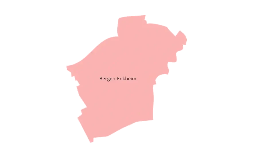 Eine einfache Umrisskarte des Stadtteils Bergen-Enkheim in Frankfurt am Main, Deutschland, in hellrosa Farbe mit dem Text „Bergen-Enkheim“ in der Mitte. Es sind keine weiteren Details oder Sehenswürdigkeiten sichtbar, was den einzigartigen Charme dieses historischen Stadtteils unterstreicht.