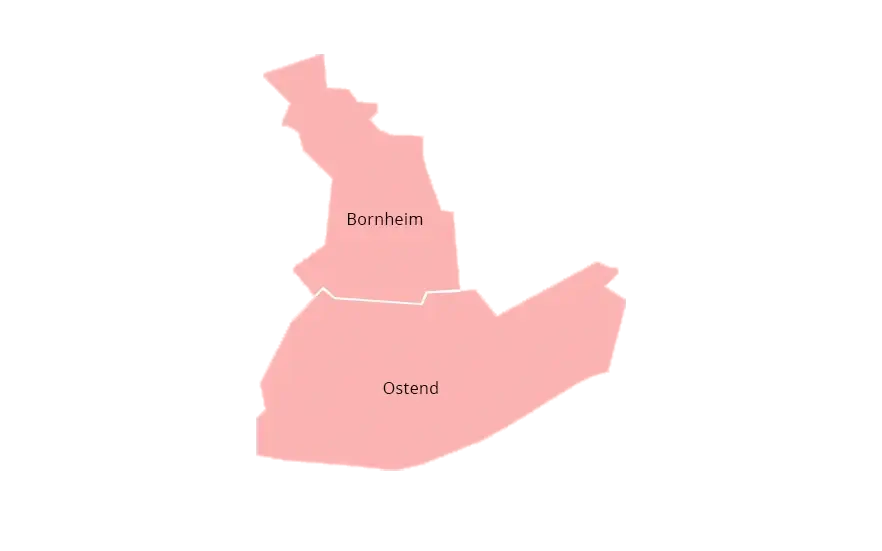 Eine Karte mit zwei benachbarten Stadtteilen namens Bornheim und Ostende. Bornheim liegt im oberen Teil der Karte, Ostende im unteren Teil. Der Kartenhintergrund ist rosa schattiert und die beiden Regionen sind durch eine weiße Grenzlinie getrennt.