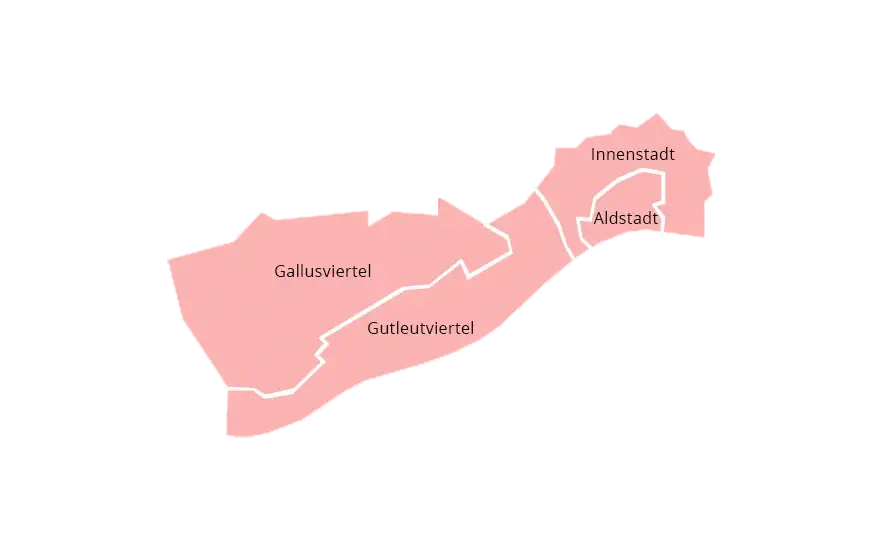 Eine einfache, rosa hervorgehobene Karte zeigt die Stadtteile einer Stadt. Zu den beschrifteten Bezirken gehören das Gallusviertel auf der linken Seite, das Gutleutviertel in der Nähe des Zentrums sowie die Innenstadt und die Altstadt auf der rechten Seite.