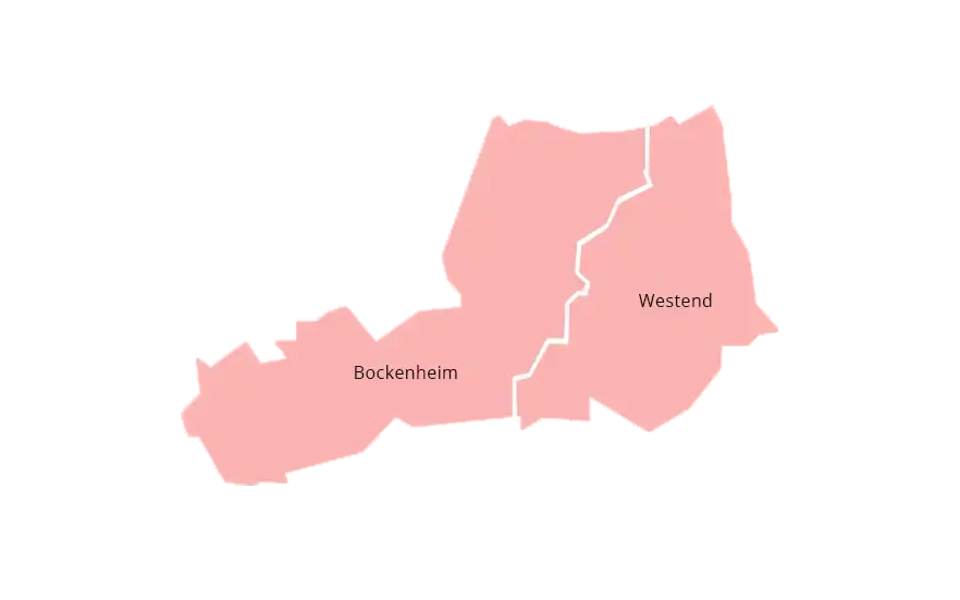 Eine Karte, die zwei Stadtteile hervorhebt: Bockenheim links und Westend rechts, getrennt durch einen weißen Rand. Die Karte ist rosa schattiert.