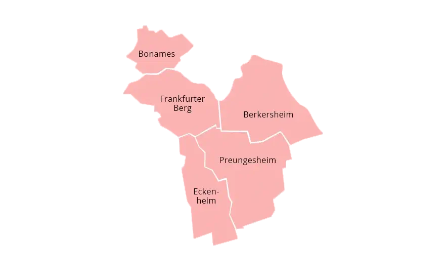 Eine rosafarbene Karte, die die Stadtteile in einer bestimmten Region hervorhebt. Die markierten Stadtteile sind Bonames, Frankfurter Berg, Berkersheim, Preungesheim und Eckenheim. Die Stadtteile sind durch weiße Linien voneinander getrennt.