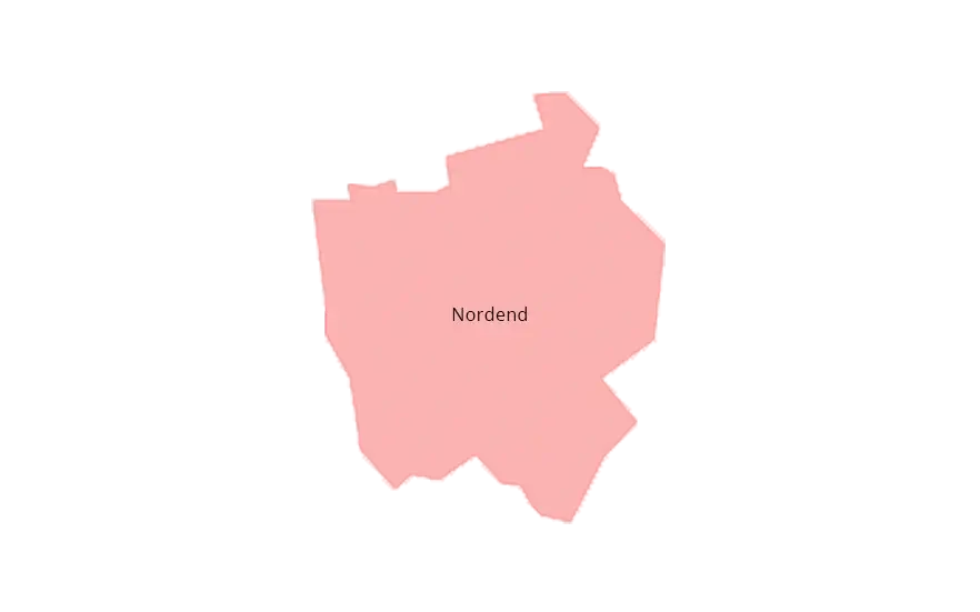 Eine einfache Karte, die den Stadtteil Nordend in einem satten Rosaton hervorhebt. Die Karte ist auf einem weißen Hintergrund angeordnet, und in der Mitte des hervorgehobenen Stadtteilbereichs steht das Wort „Nordend“.