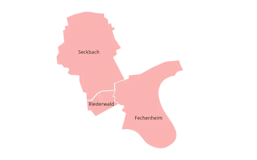 Karte mit drei Stadtteilen. Die Stadtteile sind umrissen und mit den Bezeichnungen Seckbach (oben links), Riederwald (Mitte) und Fechenheim (rechts) gekennzeichnet. Die Gebiete sind rot schattiert.