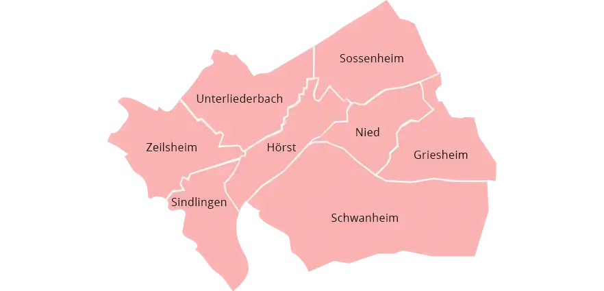 Karte einer Stadt, die in verschiedene Stadtteile unterteilt ist, die jeweils mit ihrem Namen beschriftet sind. Die angezeigten Stadtteile sind Sossenheim, Nied, Griesheim, Sindlingen, Zeilsheim, Unterliederbach, Höchst und Schwanheim. Die Karte hat einen hellrosa Hintergrund.