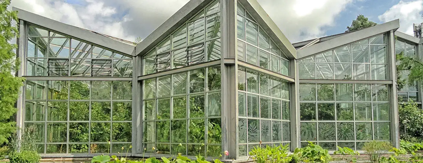 Ein großes, modernes Gewächshaus mit Glaswänden und dreieckigem Dach thront stolz im Palmengarten. Das Gebäude beherbergt verschiedene Grünpflanzen, die durch die transparenten Paneele sichtbar sind, und die Umgebung ist üppig mit Laub bedeckt. Der Himmel darüber ist teilweise bewölkt.