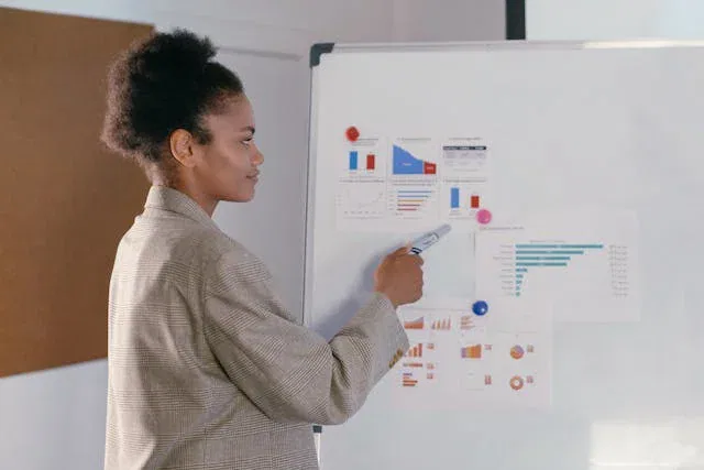Eine Person in einem Blazer hebt mit einem Marker Diagramme und Grafiken auf einem Whiteboard hervor und zeigt so erfolgreiche Markenkommunikation während einer Büropräsentation.