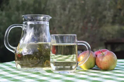 Ein transparenter Glaskrug und ein Glas mit Apfelsaft stehen auf einer grün-weiß karierten Tischdecke, perfekt für jede festliche Zusammenkunft. Drei frische Äpfel liegen neben dem Glas, während der Hintergrund verschwommenes Grün aufweist.