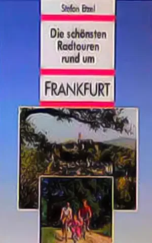 Ein deutsches Buchcover mit dem Titel „Die schönsten Radtouren rund um Frankfurt“ von Stefan Ebert. Es zeigt Bilder von malerischen Landschaften und Radfahrern. Das Design ist farbenfroh mit einem blauen Hintergrund und einem rosa Streifen, der den Titel und den Autor hervorhebt.