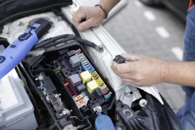 Eine Person überprüft oder ersetzt eine Sicherung im offenen Sicherungskasten eines Autos unter der Motorhaube, möglicherweise im Rahmen der Auto HU Vorbereitung. Es sind verschiedene Sicherungen und Relais zu sehen, und in der Nähe befindet sich ein Sicherungsprüfgerät.