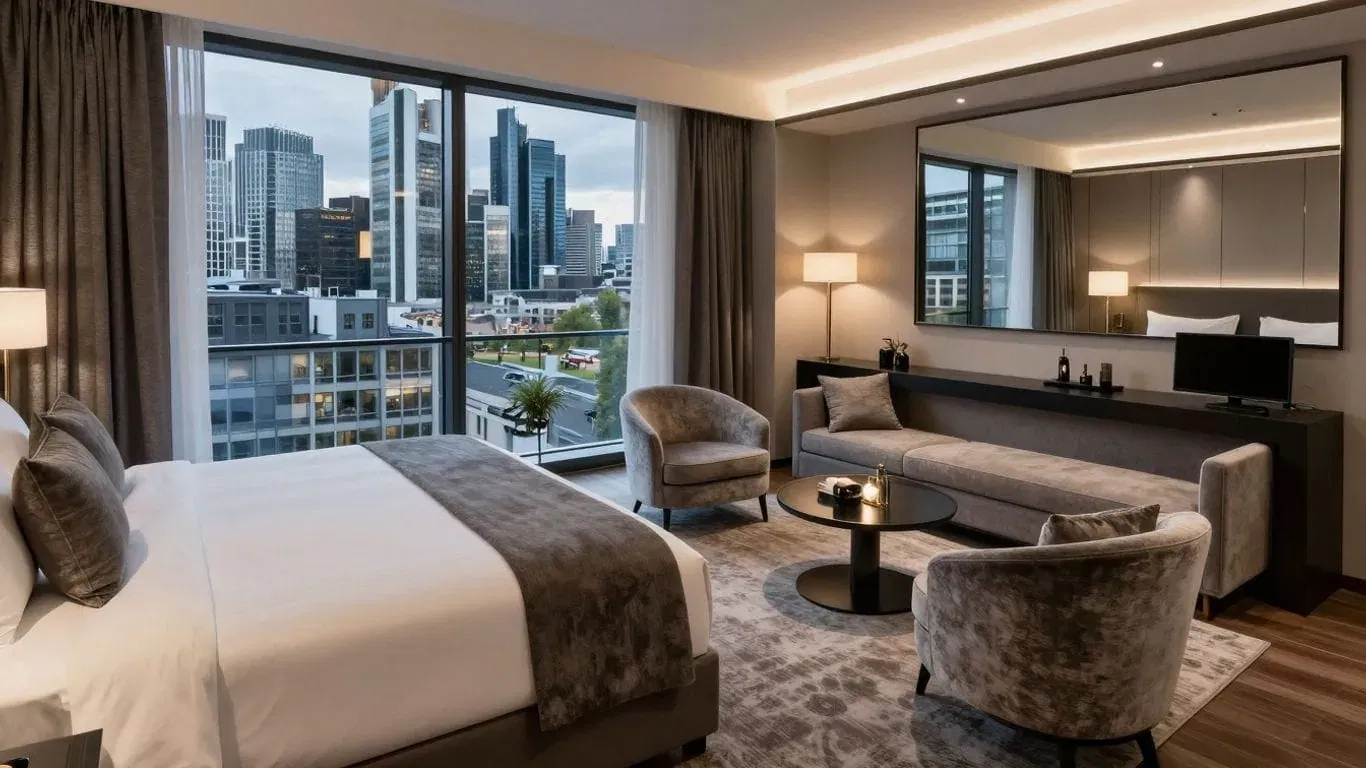 Ein modernes Design-Hotelzimmer in Frankfurt mit einem großen Bett, Sesseln, einem Sofa und einem Fernseher. Die raumhohen Fenster geben den Blick auf das Stadtbild frei. Das neutrale, elegante Dekor macht dieses Boutique-Hotel in Frankfurt wirklich einladend.