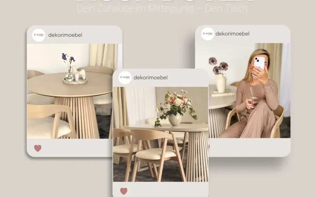 Drei Bilder zeigen stilvolle Esstische aus Holz mit Stühlen, neutrale Ästhetik und sanfte Beleuchtung. Ein Bild zeigt eine Frau in beiger Loungewear, die eine Tasse hält. Der Text wirbt für 