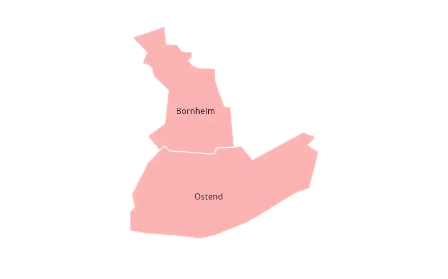frankfurter-stadtteile-bornheim-ostend-sections Eine Karte mit zwei benachbarten Stadtteilen namens Bornheim und Ostende. Bornheim liegt im oberen Teil der Karte, Ostende im unteren Teil. Der Kartenhintergrund ist rosa schattiert und die beiden Regionen sind durch eine weiße Grenzlinie getrennt.