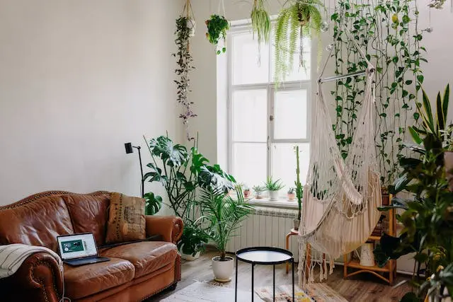 Ein gemütliches Wohnzimmer ist mit zahlreichen Hänge- und Topfpflanzen dekoriert, die ihm eine üppige, grüne Atmosphäre verleihen. Auf der linken Seite steht ein Ledersofa mit einem offenen Laptop darauf und auf der rechten Seite hängt ein Makramee-Hängesessel neben einem großen Fenster. Diese schöne Wohnung verfügt außerdem über einen kleinen runden Tisch in der Mitte.