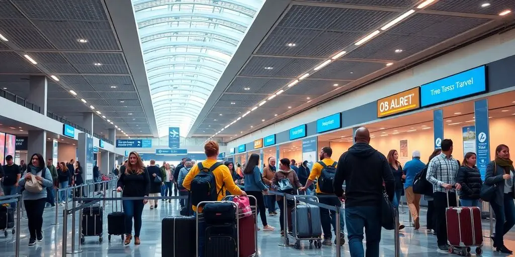 Ein geschäftiges Flughafenterminal mit Reisenden, die in Schlangen gehen und stehen, viele mit Gepäck und Rucksäcken. Schilder an der Decke zeigen Informationen der Fluggesellschaft an, während ein großes Oberlicht natürliches Licht hereinlässt – ideal für intelligenteres Reisen und Arbeiten am Flughafen, um Zeit zu sparen.