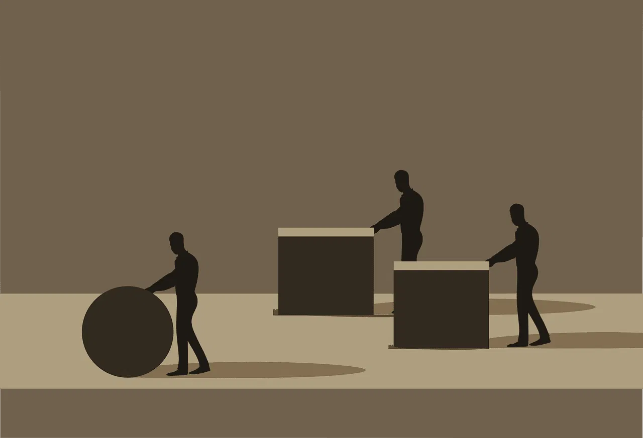Drei Silhouetten schieben Gegenstände. Zwei Figuren schieben große, quadratische Kisten, während eine Figur einen großen, runden Gegenstand schiebt. Der Hintergrund ist ein einfaches, flaches Design in Braun- und Beigetönen, das das Konzept der Deutschen Effizienz für ein produktiveres Leben verkörpert.