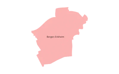 Eine einfache Umrisskarte des Stadtteils Bergen-Enkheim in Frankfurt am Main, Deutschland, in hellrosa Farbe mit dem Text „Bergen-Enkheim“ in der Mitte. Es sind keine weiteren Details oder Sehenswürdigkeiten sichtbar, was den einzigartigen Charme dieses historischen Stadtteils unterstreicht.