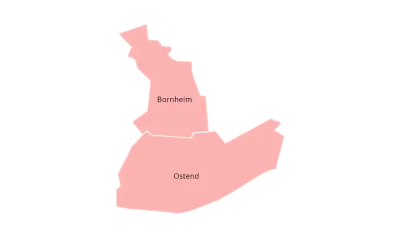 Eine Karte mit zwei benachbarten Stadtteilen namens Bornheim und Ostende. Bornheim liegt im oberen Teil der Karte, Ostende im unteren Teil. Der Kartenhintergrund ist rosa schattiert und die beiden Regionen sind durch eine weiße Grenzlinie getrennt.