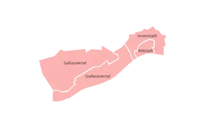 Eine einfache, rosa hervorgehobene Karte zeigt die Stadtteile einer Stadt. Zu den beschrifteten Bezirken gehören das Gallusviertel auf der linken Seite, das Gutleutviertel in der Nähe des Zentrums sowie die Innenstadt und die Altstadt auf der rechten Seite.