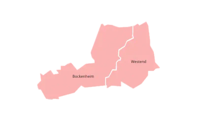 Eine Karte, die zwei Stadtteile hervorhebt: Bockenheim links und Westend rechts, getrennt durch einen weißen Rand. Die Karte ist rosa schattiert.