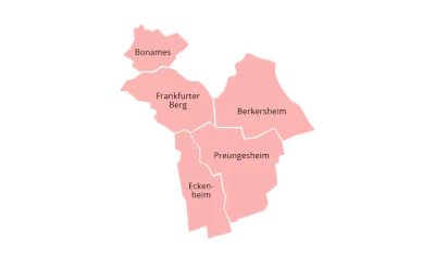 Eine rosa umrandete Karte hebt die Stadtteile von Nieder-Erlenbach hervor. Der Text „Nieder-Erlenbach“ ist zentral in der Karte platziert, vor einem schlichten weißen Hintergrund.