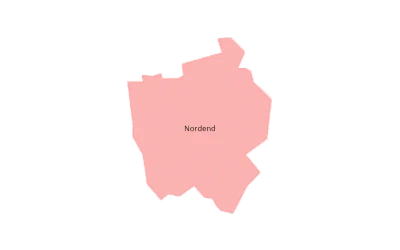 Eine einfache Karte, die den Stadtteil Nordend in einem satten Rosaton hervorhebt. Die Karte ist auf einem weißen Hintergrund angeordnet, und in der Mitte des hervorgehobenen Stadtteilbereichs steht das Wort „Nordend“.