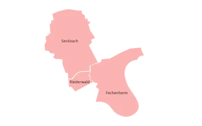 Karte mit drei Stadtteilen. Die Stadtteile sind umrissen und mit den Bezeichnungen Seckbach (oben links), Riederwald (Mitte) und Fechenheim (rechts) gekennzeichnet. Die Gebiete sind rot schattiert.