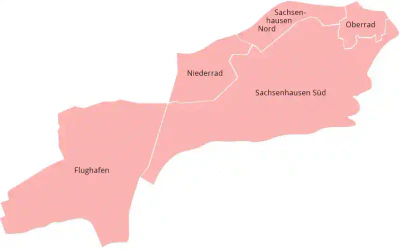 Eine Karte, auf der verschiedene Stadtteile in einem rosafarbenen Ton hervorgehoben sind. Die Bezirke umfassen Flughafen, Niederrad, Sachsenhausen Süd, Sachsenhausen Nord und Oberrad. Jeder Stadtteil ist innerhalb seiner jeweiligen Region beschriftet, wobei dünne weiße Linien die Grenzen markieren.
