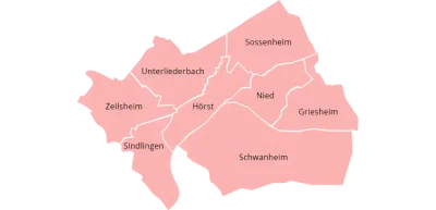 Karte einer Stadt, die in verschiedene Stadtteile unterteilt ist, die jeweils mit ihrem Namen beschriftet sind. Die angezeigten Stadtteile sind Sossenheim, Nied, Griesheim, Sindlingen, Zeilsheim, Unterliederbach, Höchst und Schwanheim. Die Karte hat einen hellrosa Hintergrund.