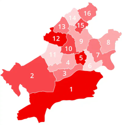 Eine Karte, die Regionen in verschiedenen Rot- und Rosatönen anzeigt. Jeder Stadtteil ist von 1 bis 16 nummeriert, wobei dunklere Töne eine höhere Intensität oder einen höheren Wert und hellere Töne eine niedrigere Intensität anzeigen. Auf der Karte fehlen spezifische Beschriftungen für die Standorte.